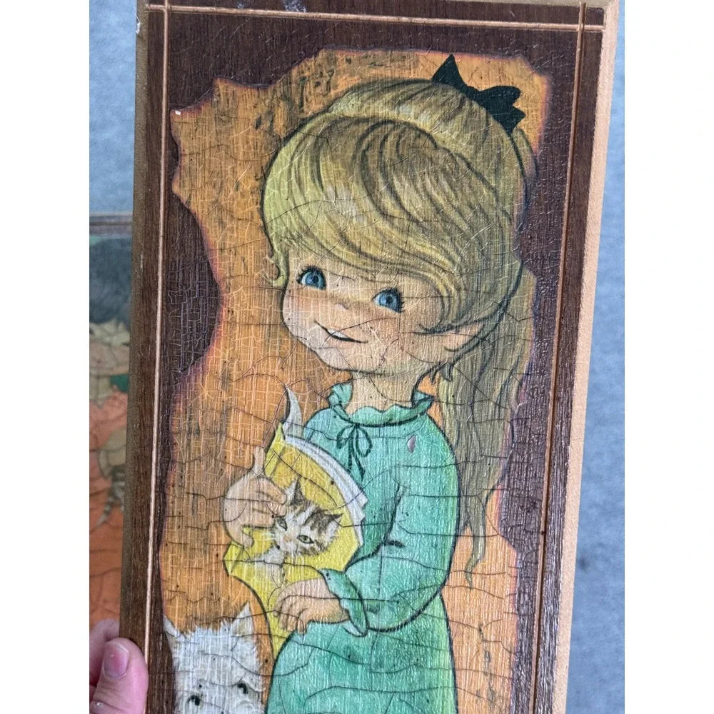 Vintage Big Eye Girl Wood Wall Plaques Set of 2 Londi 1970s Retro Kitsch Decor